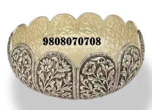 German silver bowl for pooja Handcrafted silver bowl India Silver dry fruit bowl decorative Floral design silver serving bowl Antique finish silver bowl online Traditional silver gift items Silver bowl for temple use Handmade German silver decor bowl