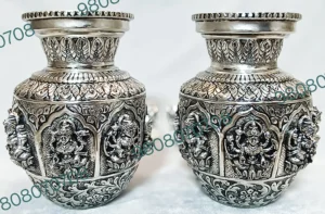 German silver kalash Handmade silver pooja items Devi Devta kalash set Silver urns for Hindu rituals Decorative silver pooja vessel Antique finish silver kalash Temple decor kalash Silver kalash for gifting