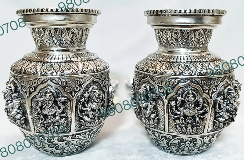German silver kalash Handmade silver pooja items Devi Devta kalash set Silver urns for Hindu rituals Decorative silver pooja vessel Antique finish silver kalash Temple decor kalash Silver kalash for gifting