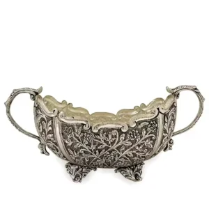 German silver bowl with handles, antique floral silver bowl, pooja thali bowl, decorative gifting bowl, oxidized silver bowl, dry fruit serving bowl, wedding gift silverware, handcrafted silver decor