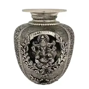 Handcrafted German Silver Ganesha Kalash | Antique Oxidized Pooja Pot for Temple Decor & Gifts