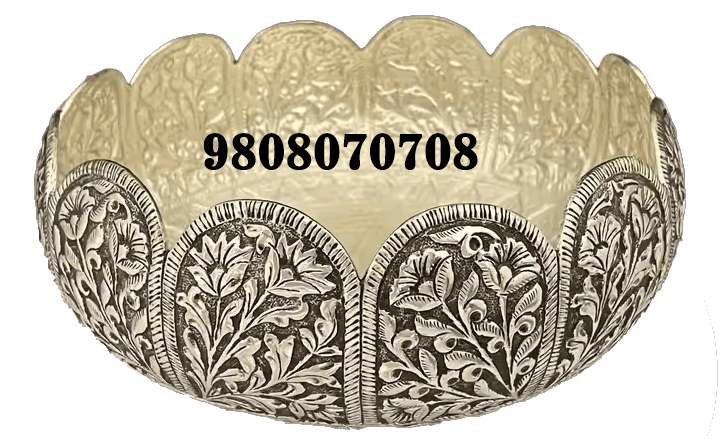 German silver bowl for pooja Handcrafted silver bowl India Silver dry fruit bowl decorative Floral design silver serving bowl Antique finish silver bowl online Traditional silver gift items Silver bowl for temple use Handmade German silver decor bowl